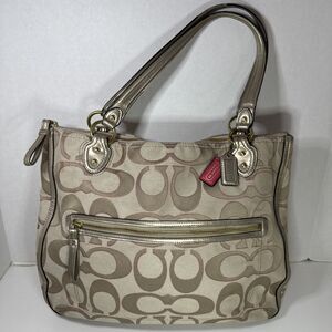 Coach 22455 Poppy Signature Metallic Outline Hallie Tote Handbag Purse Bag Pink